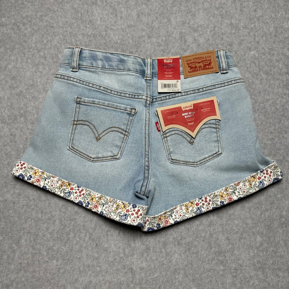 Levis Girls Mini Mom Shorts Light Wash Floral Denim Size 12 Reg Adjustable Waist - Picture 3 of 4